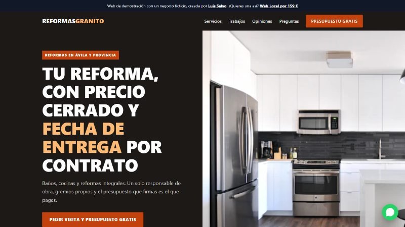 Captura de la demo de reformas: fondo oscuro, titular en mayúsculas, foto de cocina y botón naranja de presupuesto